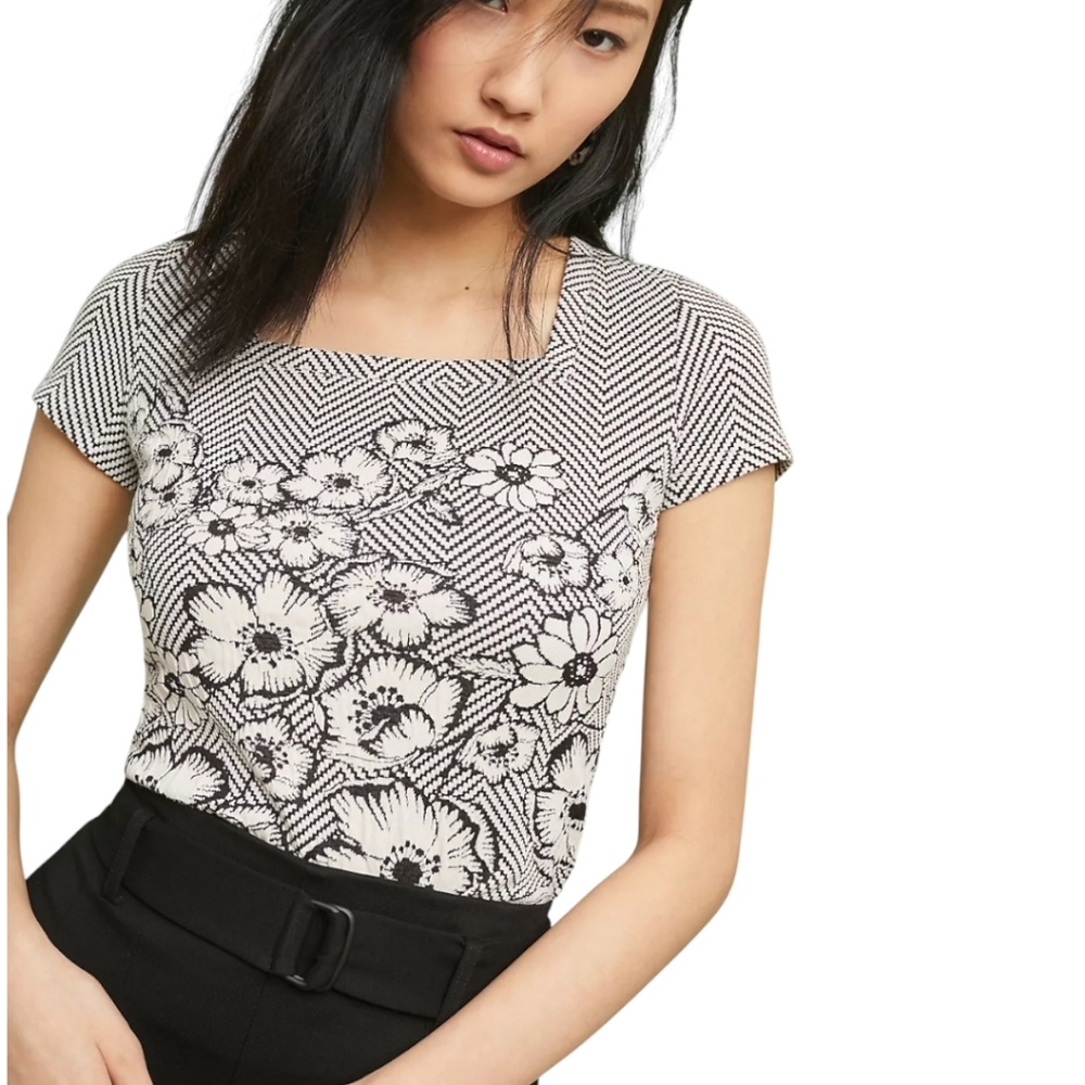 Anthropologie Maeve Hellebore Square Floral Blouse Black/White Sz: XS